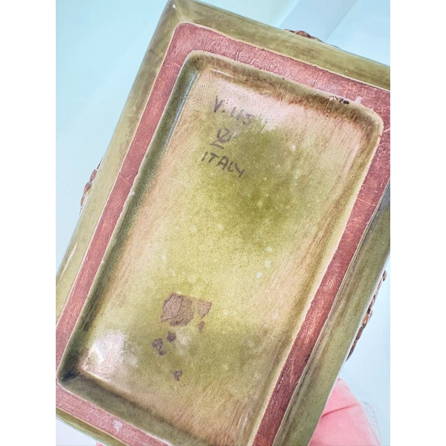 Vintage Italian Green Glazed Ceramic Trinket Box With Gold Filigree Medallions Lovely ceramic trinket box with a glossy...