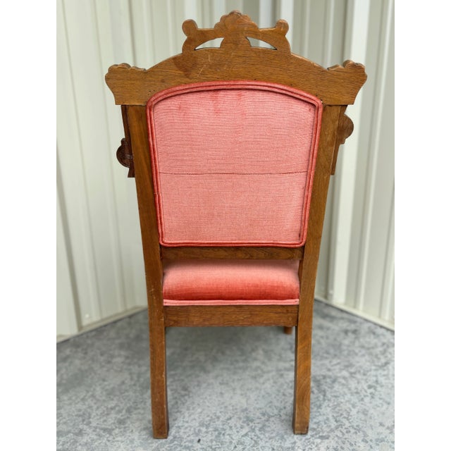 1920s Antique Victorian Eastlake Carved Mahogany Side Chair in Salmon Pink Velvet | Ornately Carved Accent Chair For Sale In Louisville - Image 6 of 6