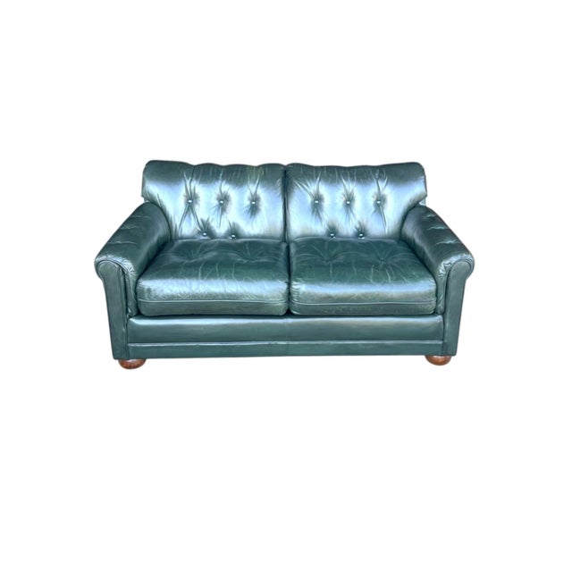 Vintage Dark Green Tufted Leather English Club Loveseat For Sale - Image 4 of 14