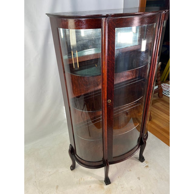 Antique American Tiger Oak Bow Front China, Display, Curio