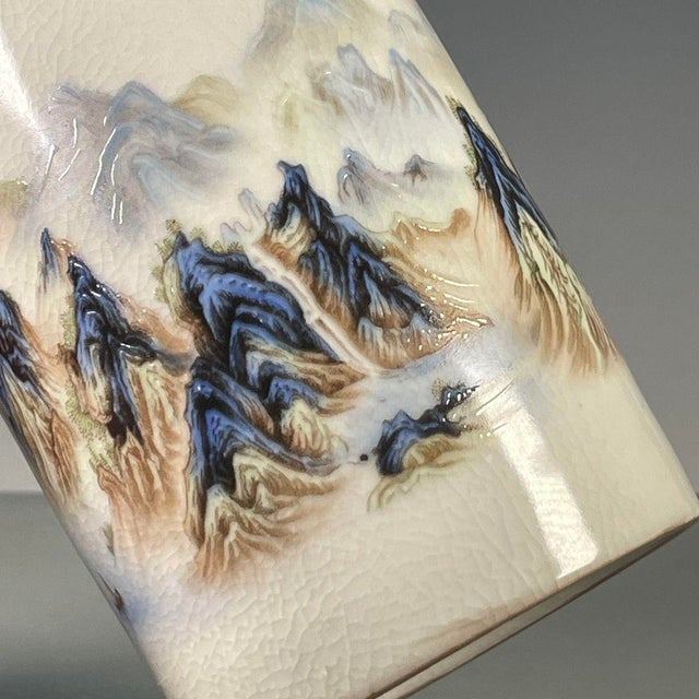 Famille Rose Crackle Glaze Porcelain Brush Pot With Landscape Scene For Sale - Image 9 of 9