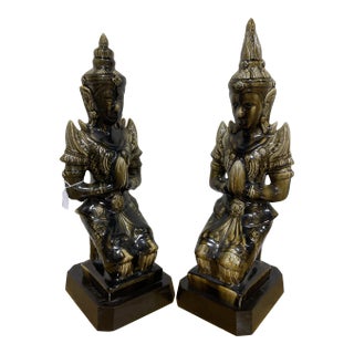 Large Ceramic Mottled Green Buddha’s on Stands- a Pair For Sale