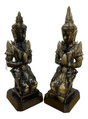 Large Ceramic Mottled Green Buddha’s on Stands- a Pair