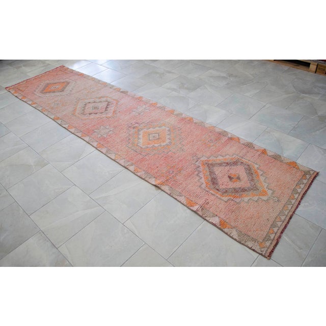 Hand-Knotted Turkish Runner Rug . Low Pile Hallway Kitchen Decor - 3′ × 12′3″ For Sale - Image 15 of 18