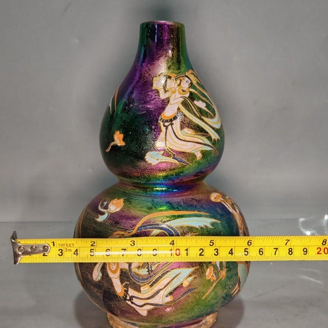 Iridescent Gourd Vase With Figural Motif | Colorful Ceramic Home Decor For Sale In New York - Image 6 of 9