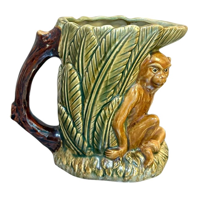 1960s Boho Chic Majolica Monkey/Branch Ceramic Pitcher For Sale