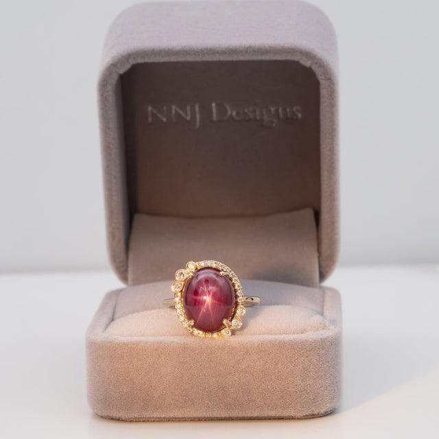 Modern 12Ct Star Ruby Ring With Earth-Mined Diamond Accents in Solid 14k Gold, 13x11mm, Size 6.75 For Sale - Image 3 of 9