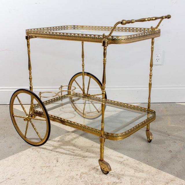 MidCentury French Brass & Glass Trolley Style Bar Cart With Large