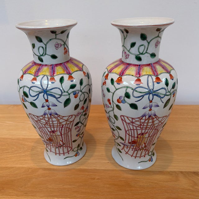 Ceramic Pair of Altfield Hong Kong Hand-Painted Chinoiserie Bird & Floral Porcelain Vases, 14” For Sale - Image 7 of 12