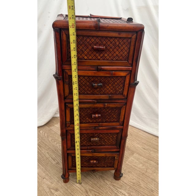 Vintage Nightstand Cabinet Chest Five Drawers Bamboo / Wicker Tiki Petite Size For Sale - Image 9 of 12