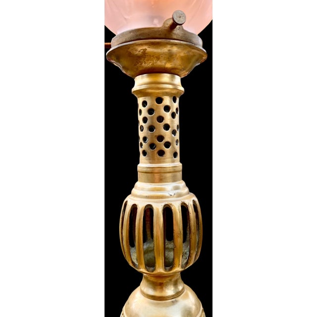 James Mont Attributed to James Mont MCM Gilt Brass Candlestick Lamp With Frosted Glass Flame Shade For Sale - Image 4 of 14