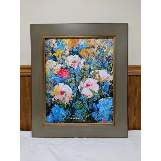 Framed original floral white flowers acrylic painting on Canvas. A lot of textures with palette knife technique. Overall...