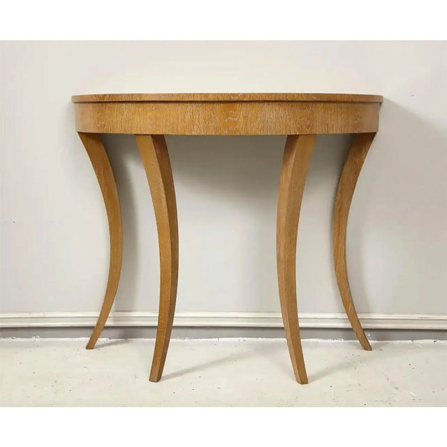 Wood Bespoke Cerused Oak Bobo Demilune Console on Splayed Tapered Legs For Sale - Image 7 of 12