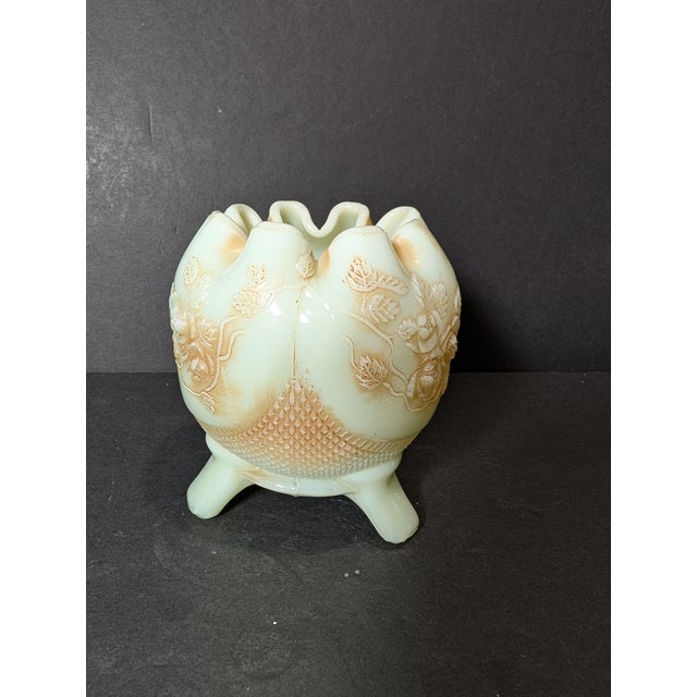 Antique Uranium Custard Glass, Northwood Fine Cut Roses Rose Bowl, With Nutmeg Stain, Glows, 1908 For Sale - Image 4 of 11