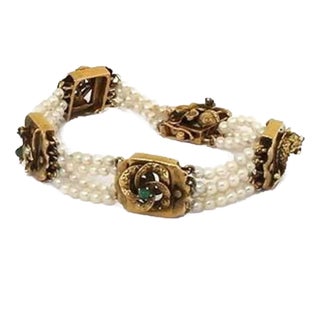 Victorian 14k Gold Pearls Emerald & Garnet Fancy Multi-Strand Bracelet For Sale