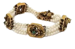 Victorian 14k Gold Pearls Emerald & Garnet Fancy Multi-Strand Bracelet