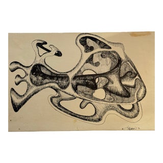 Vintage 1970 Surrealist Biomorphic Pen & Ink Drawing - Signed Halvorson For Sale