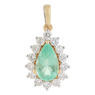 Certified 1.15ct Columbian Emerald Diamond Halo Pendant in 14k Yellow Gold For Sale