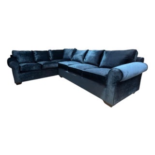 A Baker Style Modern Dark Blue Velvet Upholstered 2 Pc Sectional Sofa. For Sale