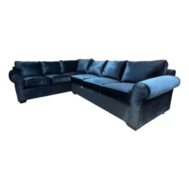 A Baker Style Modern Dark Blue Velvet Upholstered 2 Pc Sectional Sofa. For Sale