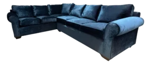 A Baker Style Modern Dark Blue Velvet Upholstered 2 Pc Sectional Sofa.