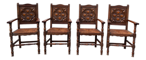 Neo-Renaissance Henri II Style Armchairs in Sculpted Oak with Woven Rush Seats, Late 19th Century, Set of 4