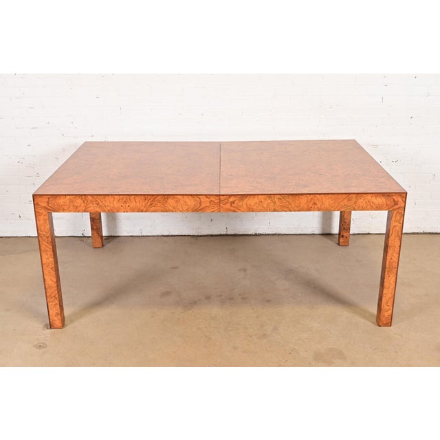 Wood Milo Baughman Style Burl Wood Parsons Extension Dining Table, Newly Refinished For Sale - Image 7 of 15