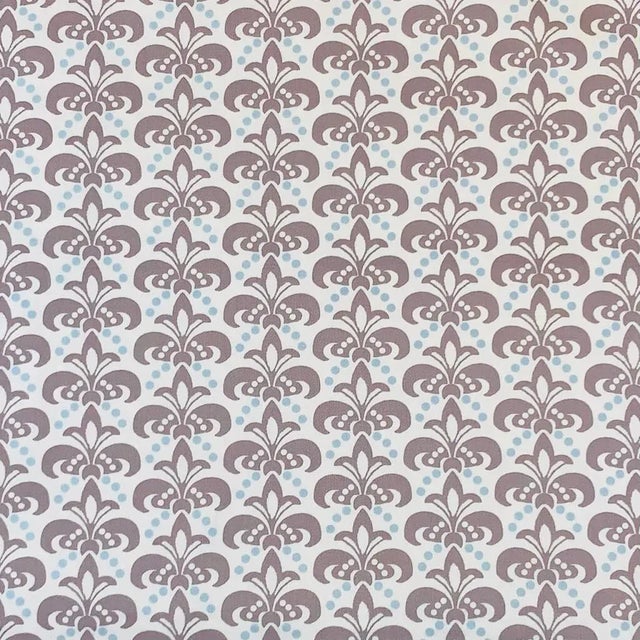 Free Spirit Designer Vicki Payne Aqua Gray & Cream Block Print Fleur De Lis Scallop Fabric Sample For Sale - Image 4 of 4