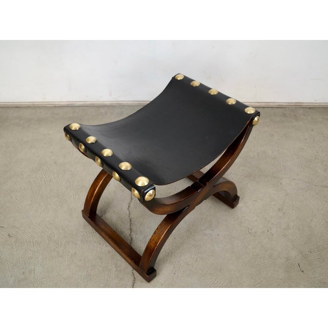 Baker Furniture Company 1960’s Hollywood Regency Leather & Brass Sling Stool For Sale - Image 4 of 12