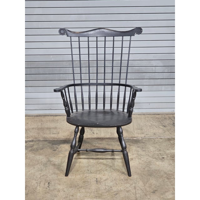 American Charles Frumerie Black Fan Back Windsor Arm Chair Bench Made For Sale - Image 3 of 10