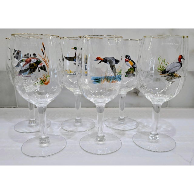 Nod to mid-century wildlife art with this set of 6 vintage Ned Smith waterfowl wine glasses. Each glass features a...
