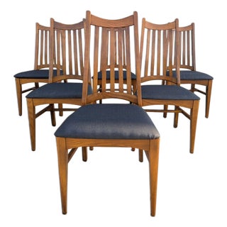 Set of Six Restored Mid-Century Oak Slat-Back Dining Chairs, Walnut For Sale
