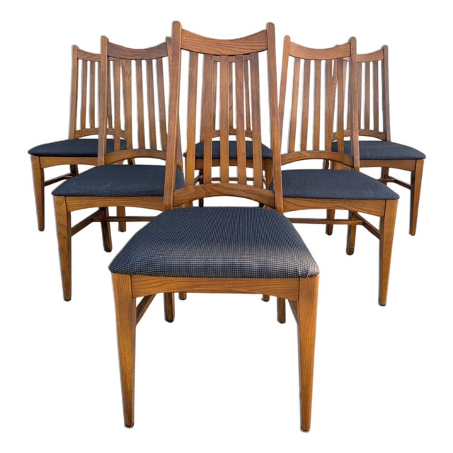 Set of Six Restored Mid-Century Oak Slat-Back Dining Chairs, Walnut For Sale