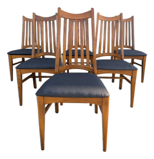 Set of Six Restored Mid-Century Oak Slat-Back Dining Chairs, Walnut