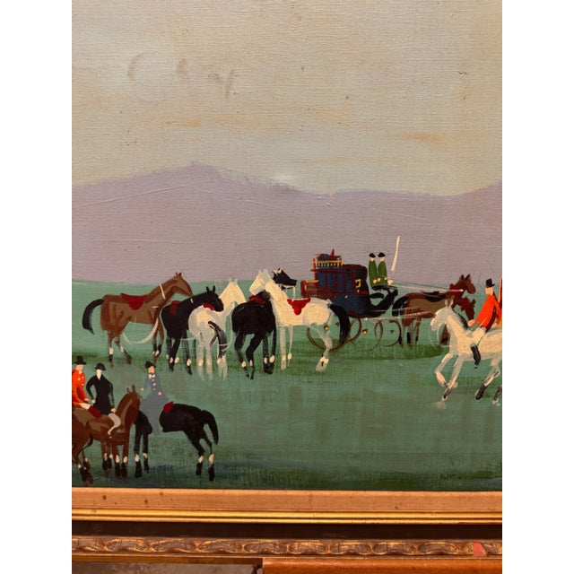 Mid-Century Modern Equestrian Gathering Oil Painting in Gilt Frame, Circa 1950s–1960s For Sale - Image 10 of 10