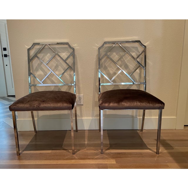 Classic in design yet very hip and now, this set of two Milo Baughman for DIA chrome upholstered "Chippendale" chairs...