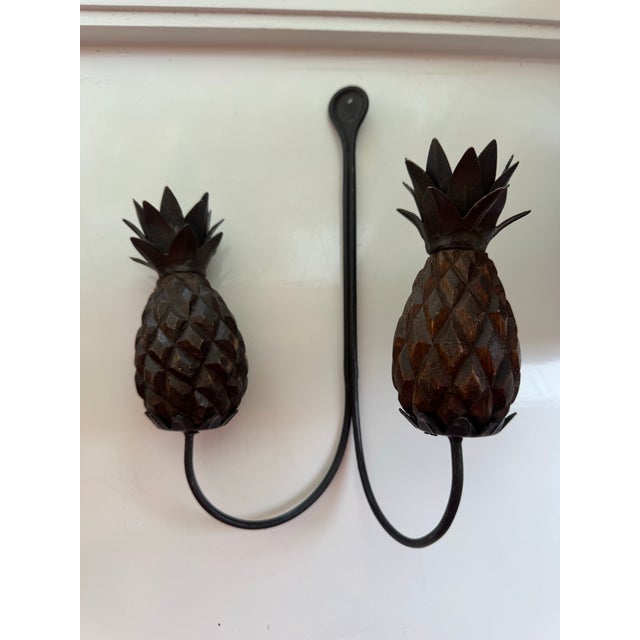 Wood Pair of Pineapple Form Wrought Iron Wall Candle Sconces For Sale - Image 7 of 13