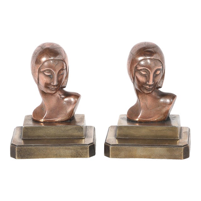 Art Deco Machine Age Flapper Bookends in Copper & Antique Brass Signed Frankarts For Sale