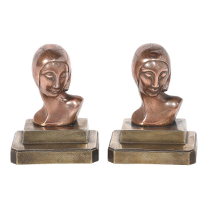Art Deco Machine Age Flapper Bookends in Copper & Antique Brass Signed Frankarts