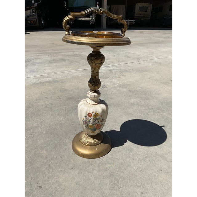Vintage Hollywood Regency Floral Porcelain & Brass Floor Ashtray Stand For Sale - Image 13 of 13