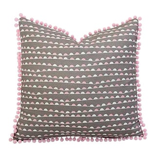 Custom Tailored Pink & White Feather/Down Pillow W/ Pom-Pom Trim 19" Square For Sale