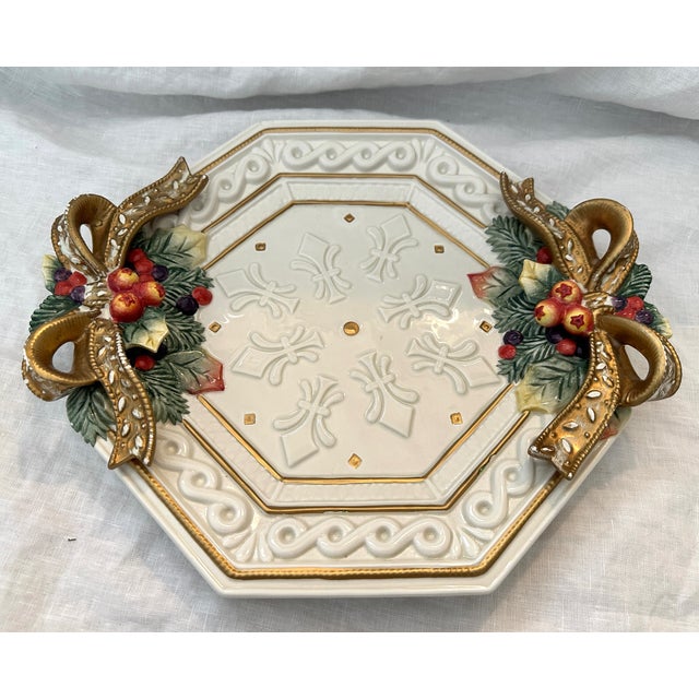 Vintage Fitz & Floyd "Snowy Woods" Octagon Serving Platter in cream color with gold, green, red, yellow and purple. I also...