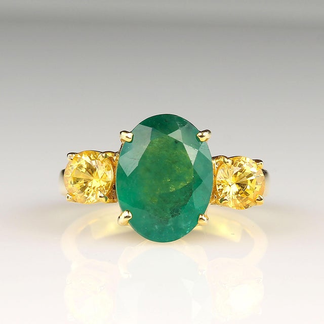 Green Emerald With Sparkling Golden Citrine Accent & Gold Rhoduim/Sterling Ring Size 7 For Sale - Image 4 of 8