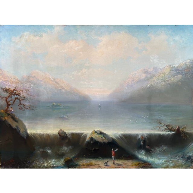 Large pastel of a river landscape with figures in a mountain setting. This pastel looks like it came straight out of a...