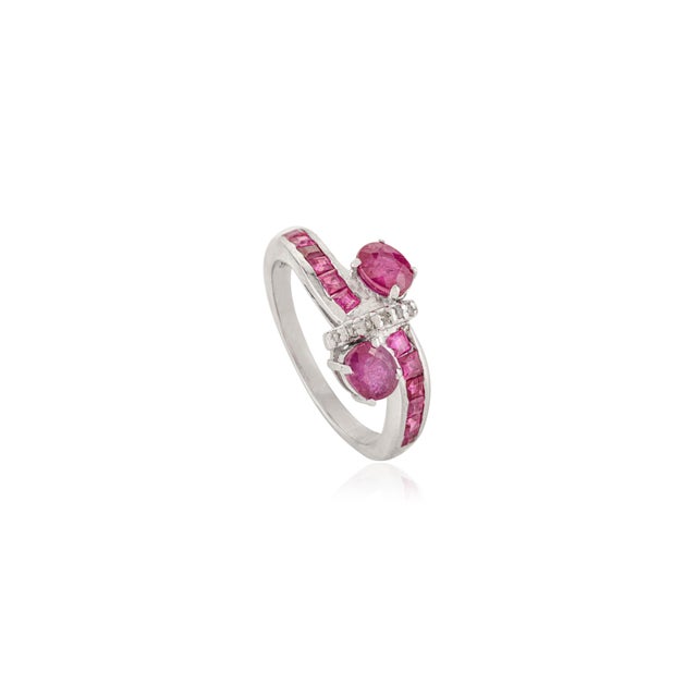 Art Deco Exquisite Pure 925 Silver Ruby Bypass Ring With Diamond - Size 8.5 For Sale - Image 3 of 10