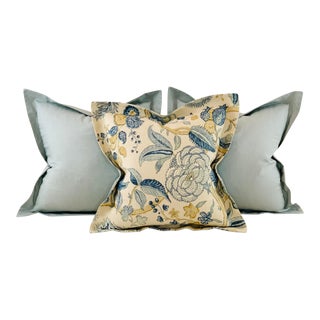 Colefax & Fowler French General Aqua Blue Gold Colmar Floral Vine Pillow Covers- Set of 3 For Sale