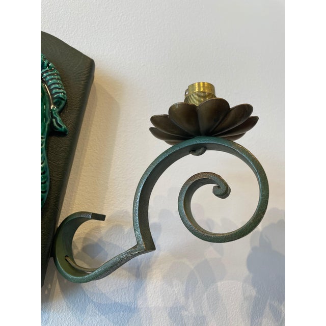 Mid-Century Modern French Ceramic and Iron Trio of Wall Sconces - Set of 3 For Sale - Image 3 of 17
