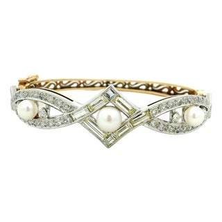 Vintage French Diamond and Pearl Bracelet, 14k Gold & Platinum, Circa 1950s For Sale