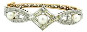 Vintage French Diamond and Pearl Bracelet, 14k Gold & Platinum, Circa 1950s