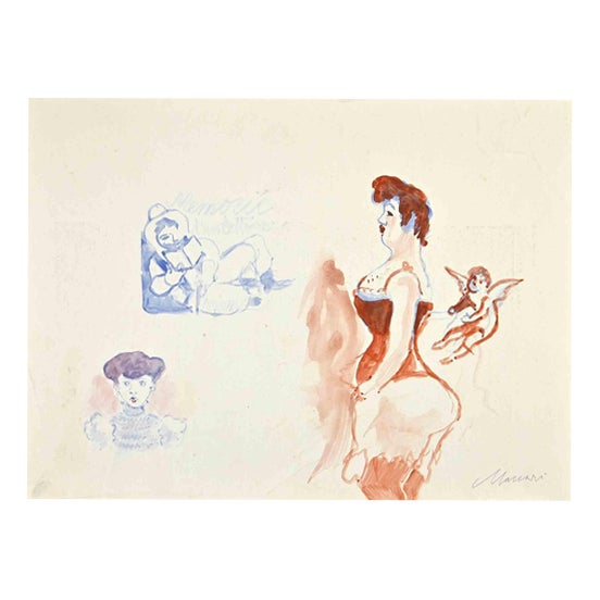 Mino Maccari, Sketches, Semi Nude, 1940s, Watercolor For Sale
